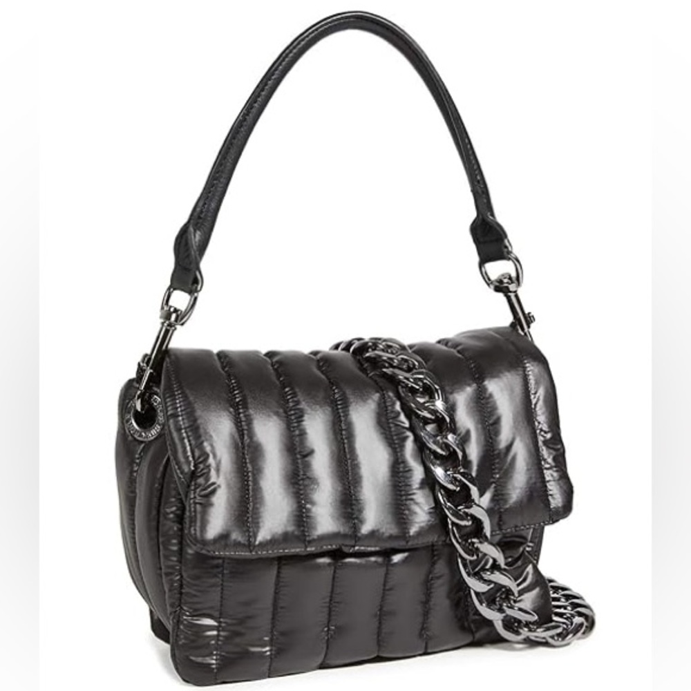 Think Royln Shiny Black Quilted Puffer Bag w/ Leather & Gunmetal Chain Straps